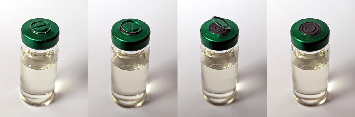 Four pictures of a vial showing in four steps on to correctly and gently pry off the metal cap without damaging the stopper, with a large green checkmark superimposed in the corner.