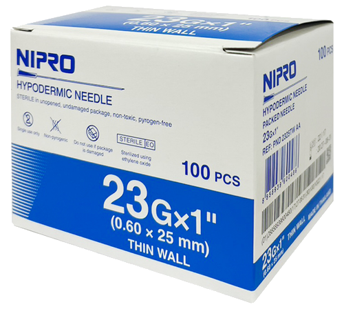 Box of 23G x 1" needles, with a large green checkmark superimposed in the corner.