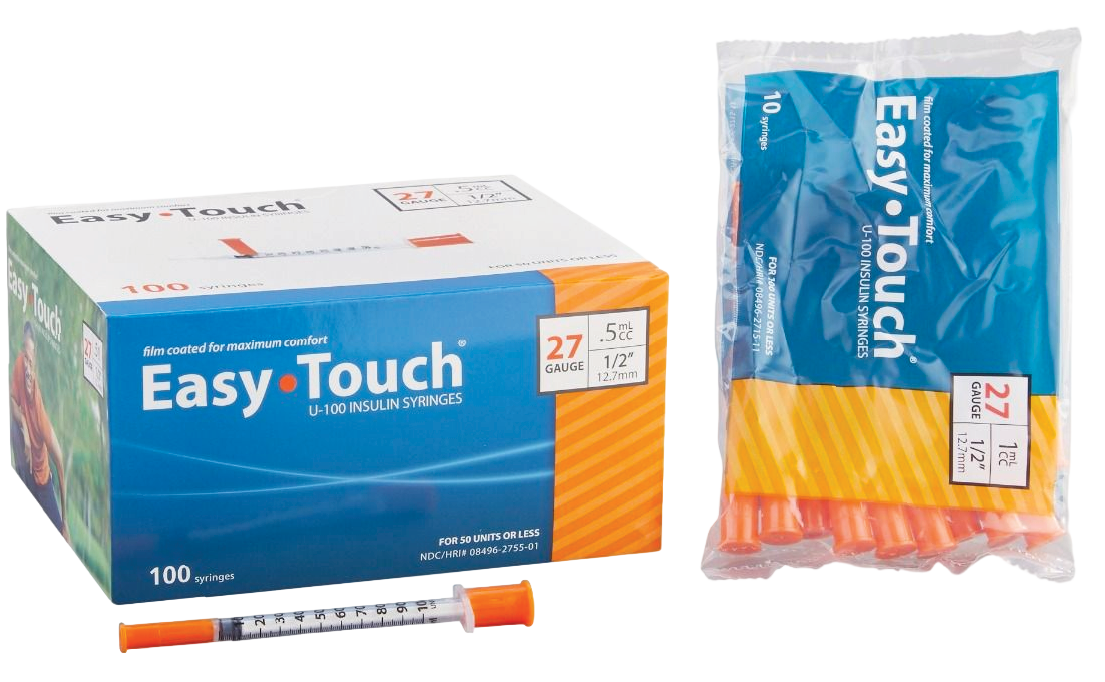 Picture of a box and a bag of insulin syringes with fixed needles.