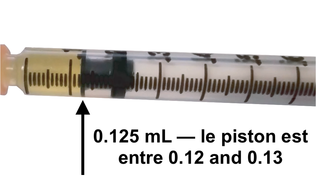 Vue rapprochée du corps d'une seringue, remplie partiellement d'huile. Le piston est entre les 12ème et 13ème graduations, indiquant que la seringue est remplie de 0.125mL d'huile.