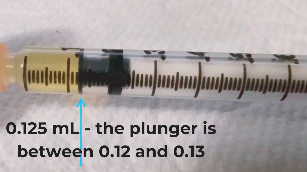 Close-up picture of the barrel of a syringe partially filled with oil with the plunger between the 12th and 13th small marks, indicating the barrel is filled with 0.125 mL of oil.
